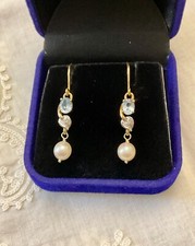 ANTIQUES BOUCLES D'OREILLES OR  JAUNE ET BLANC - DIAMANT TOPAZE ET PERLE AKOYA