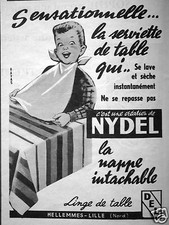 PUBLICITÉ LINGE DE TABLE NYDEL SENSATIONNELLE SE LAVE ET SÈCHE INSTANTANÉMENT