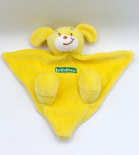 Doudou plat marionnette chien jaune BLEDINA brodé vert blanc triangle TBE
