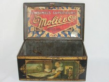 RARE ANCIENNE BOITE TÔLE LITHOGRAPHIÉE DE CARAMELS MOLIE &Cie DÉCORS MUSICIENS