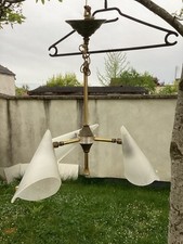 Lustre 3 Bras Abat Jour Cornet Sur Rotule Vintage Attribué À Guariche 1950,