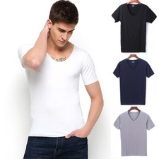 T-Shirt En Soie Glacée Pour Hommes Sans Couture Couleur Unie Col En V /