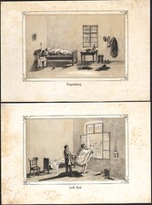 1880 Deux Lithographies originales Psychiatrie Contention Bain d'air Médecine