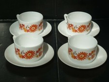 service 4 tasses café décor frise grande fleur orange seventies vintage