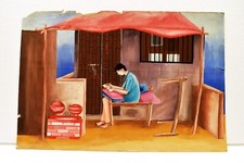 Vintage Eau Couleur Peinture Garçon Est Écrivant Sous Toit De Maison Véranda