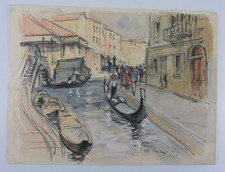 Louis ROLLET (1895-1988) LES GONDOLES A VENISE - Aquarelle originale signée.