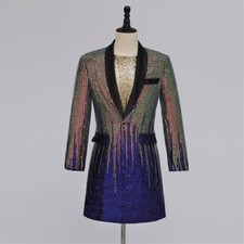 Hommes Brillant Paillettes Long Veste Costume Blazer Robe Dîner Fête Showman