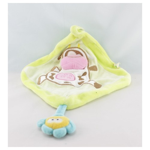 Doudou plat carré vert vache