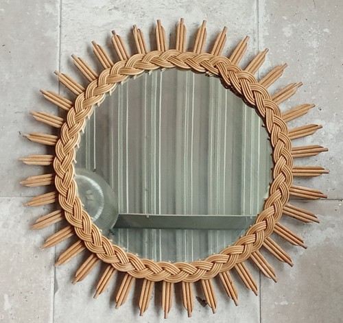 Ancien miroir soleil rotin - miroir,