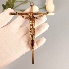 Ancien crucifix laiton massif & bronze sculpté croix vintage Jésus Christ France