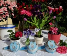 3 Antique enameled french Japy saucepans blue pink flowers 1920s no coffee pot
