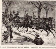 IMAGE 1878 ENGRAVING PARIS PRINCE DE CARIGNAN TRAINEAU CHEVAUX MUSICIEN