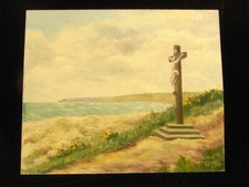 J EUSFACE BIVILE PEINTURE HUILE PANNEAU CALVAIRE NORMAND CROIX CRUCIFIX TABLEAU
