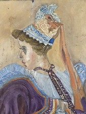 Peinture Huile Toile 1920 Signé Bibi Portrait Bretonne Breton curiosité Curiosa