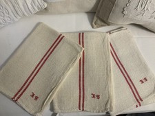 Linge Ancien 3 Grands Torchons En Lin Chanvre  Brodé Monogramme S C