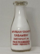 TRPP Milk Bottle McKean Co County Creamery Dairy Farm Smethport PA '40 FOR CHARM