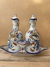 Huilier-vinaigrier triple ancien en faïence style Rouen XIXe
