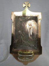 Ancien BENITIER en LAITON - décor sur cuivre APPARITION N.D. de LOURDES