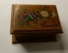 Boite à timbres Napoléon III  bois d'olivier Cannes fleurs peintes sur couvercle