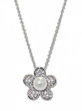 Collier Pendentif Fleur En Perle Argentée CZ Or Blanc Ajustable 16-18" Neuf