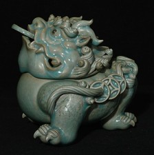 5.6" chinois chanson Ru four porcelaine richesse lion bête statue incenseur
