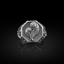 Bague chevalière famille hibou en argent sterling oxydé animal nature...