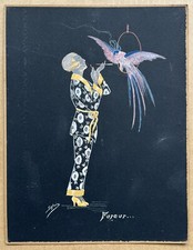 Gouache Ancienne Art Déco Sylvio Portrait Femme Mode Cigarette Oiseau de Paradis