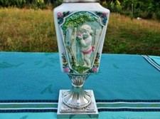 Bougeoir ancien Fille métal argenté  Faïence Old candlestick Girl silver metal E