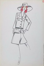 JEAN EDEN (1924-2013) Dessin Vintage 1970 Mode Femme Saharienne Jupe Chapeau #11