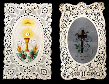 Lot 2 Images pieuses dentelle canivets  lace holy cards  croix calice fin 19è