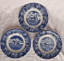 3 grandes assiettes plates en faïence Suède Rorstrand  bleu fleurs et château