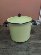 Grande casserole vintage en tôle émaillée jaune avec couvercle – ancien faitout