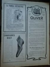 OLIVER machine à écrire + chaussure BISET + AEOLIAN pub papier ILLUSTRATION 1906