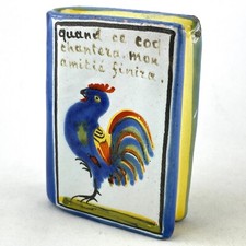 Rare Ancienne SECOUETTE TABATIÈRE "Coq Amitié..." Faïence QUIMPER snuff box 19th