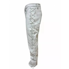 Homme Véritable Cuir Blanc Pantalon Pure Peau de Mouton Motard Lacets Jean