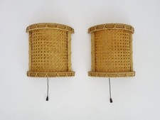 Paire d'appliques murales cannage rotin à tirette Vintage