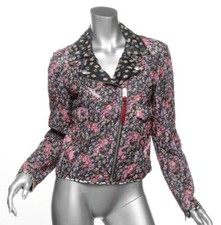 COACH Womens Pink Black Floral Silk Chiffon Zip-Up Biker Jacket Coat S NEW