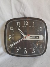 Ancienne Pendule Horloge Vedette Date Et Heure formica marron Annee 70 Vintage