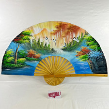 ➜GRAND ÉVENTAIL PEINT À LA MAIN chinois ou japonais ancien de décoration murale