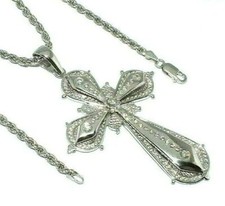 Femmes 9ct or Blanc Pendentif Croix Avec 1.61ct Diamants & Longue Corde Chaîne