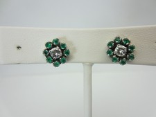 Boucles D'Oreilles Vintage En Or Blanc 14k Avec Émeraude Et Diamant 0,78 Ct