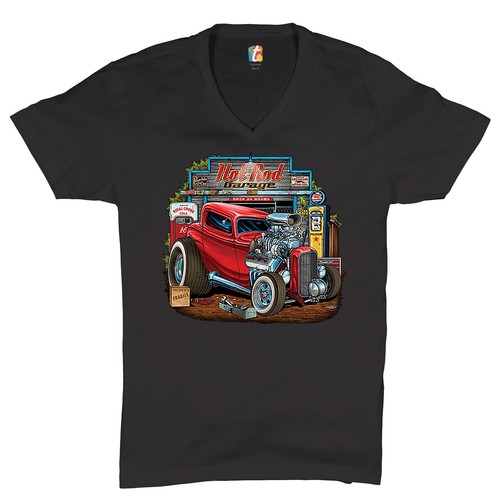 Hot rod garage neck shirt - garage, v-neck