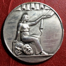 Theater a woman seated masks at feet opening curtain silver plated medal by PP