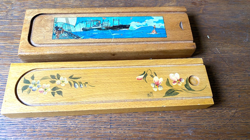 Ancien plumier bois decor - 2, en