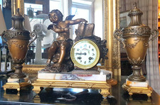 PENDULE et CASSOLETTES - Fonctionne PARFAITEMENT - ANGE -  Régule Marbre XIXe