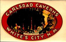 Vintage Luggage Label Decal CARLSBAD CAVERNS White's City NM Totem Poles
