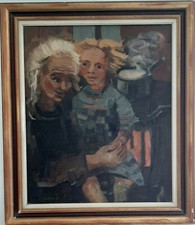 P. GONTARD Femme et enfant dans la cuisine - HST signée