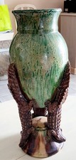 ART DÉCO GRAND VASE EN GRÉS PIÉTEMENT AVEC 3 CROCODILES AFRICAINS