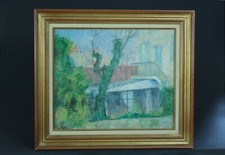 Beau Tableau ancien impressionniste vue de jardin et atelier verrière Maison hst
