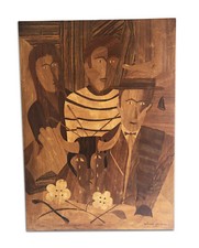 Ancien Tableau vintage An 60's Marqueterie Roland JACQUES  ' La mise à mort ' 